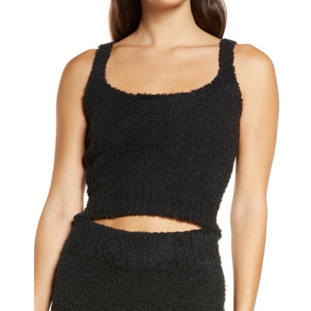 SKIMS Cozy Knit Tank Onyx Black Boucle Scoop Neck Cropped Loungewear Top S/M